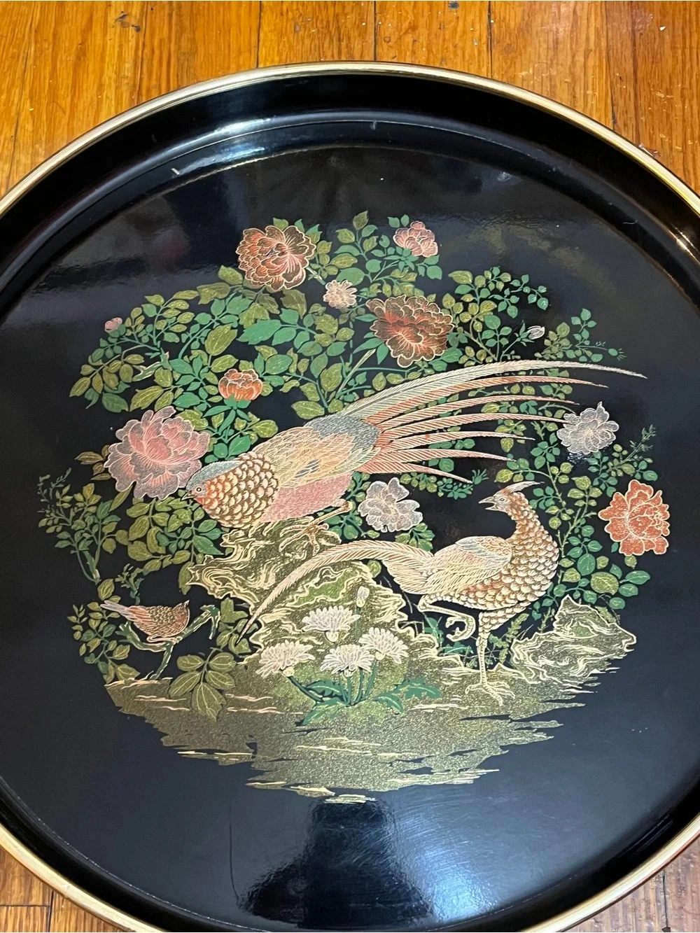 Vintage Japanese Black Lacquer Serving Tray – Peacock & Floral Design – 14” – Ma